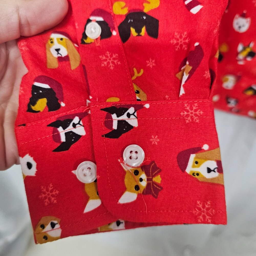 Simon Banks Blouse Red Christmas Dogs Button Down Casual Holiday Unisex M - Picture 4 of 8